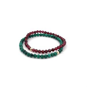 Garnet & Malachite Gemstone Stretch Bracelet with 14K Gold Accent Bead Handmade